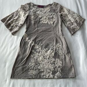 Sweet Sinammon Grey Linen Blend Floral Embroidered Mini Sheath Dress